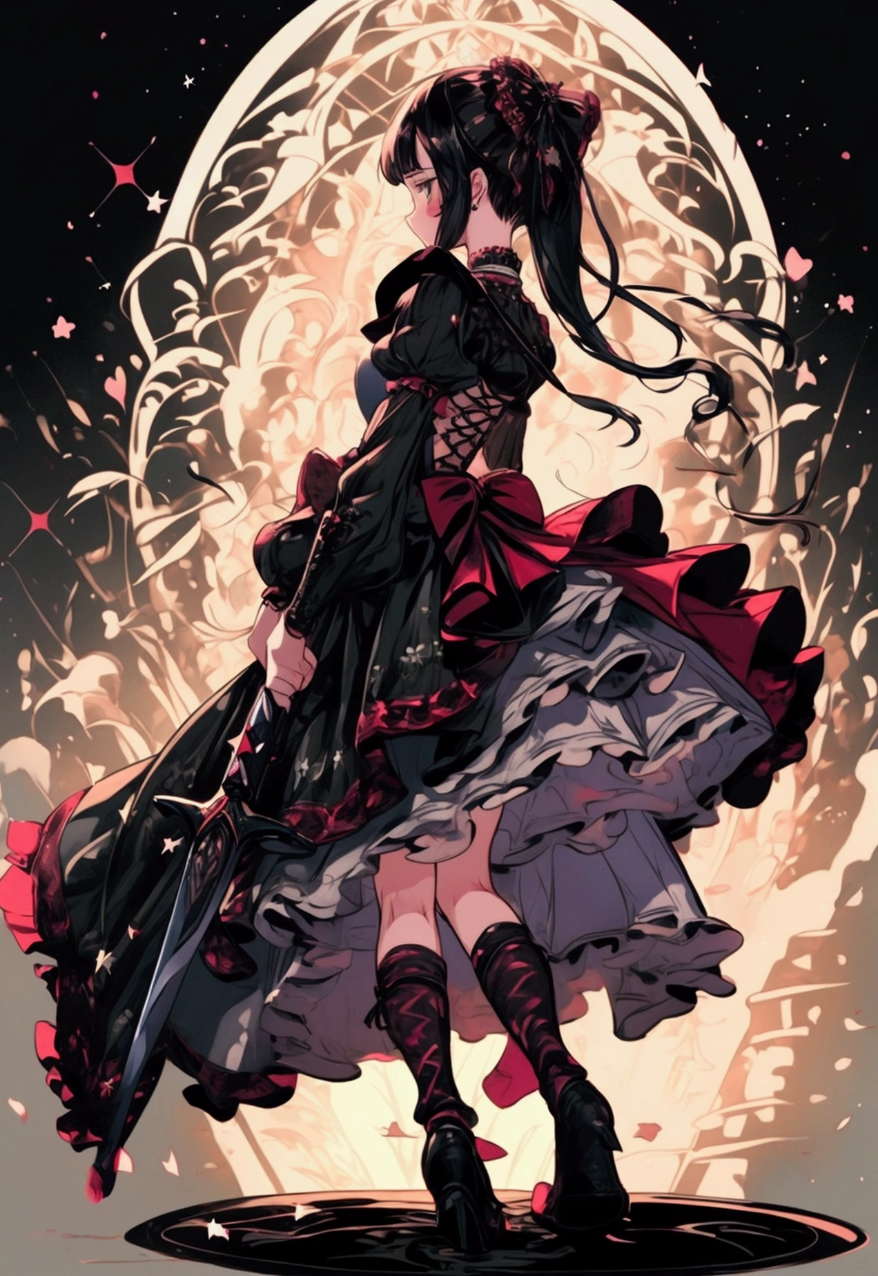 nsfw, masterpiece, best quality, ultra detailed, 15 years old, a girl, swordsman, sword in hand, covered in wounds, {bloodstained}, {bandages}, gothic Lolita fashion , twin-tailed green and black hair, {tattered clothes}, medieval European battlefield, running, in battle, sprint, with a castle, surrounded by stars and a meteor shower, at night ,afterimage, full body, symmetrical structure of top and bottom