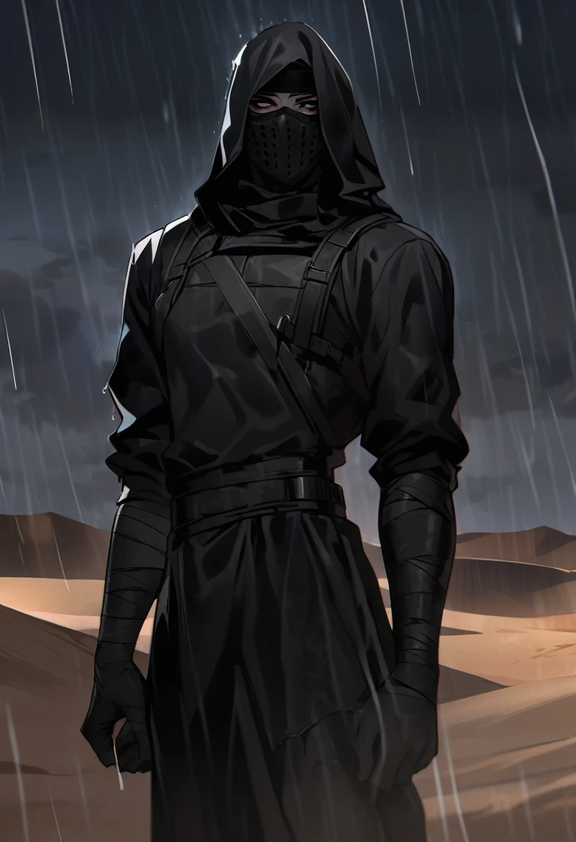Male arab modern terrorist, terrorist, black balaclava, black bandage, black clothes, thin waist, femboy, light skin, makeup, black eyeliner, big eyelashes, black eyeshadow, choker, desert, night, rain, holds his hands behind his head