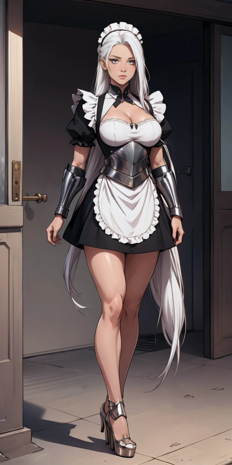 female, standing, right, long_hair, disordered_hair, white_hair, maid in armor, metallic high heels