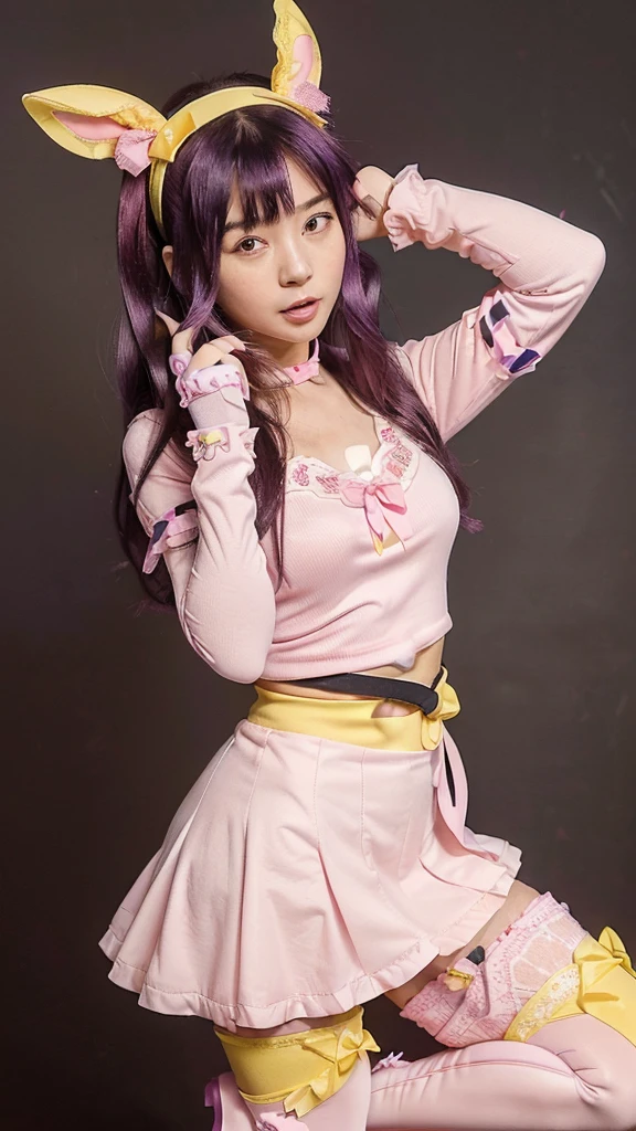 ((Ai hoshino,an anime girl with dark purple hair and light purple eyes, dressed in a striking pink and yellow outfit. She wears pink gloves, a pink bow in her hair and a headband with a yellow rabbit. Her shirt is pink with a yellow star on each side and a red heart on the chest.. She wears a black belt under a pink skirt that has multiple layers of lace with a yellow trim.. She is wearing pink stockings and high-heeled boots.. The girl is making a funny gesture with her hands, touching your head with your index and middle fingers, with a funny expression and tongue out. the background is white.))