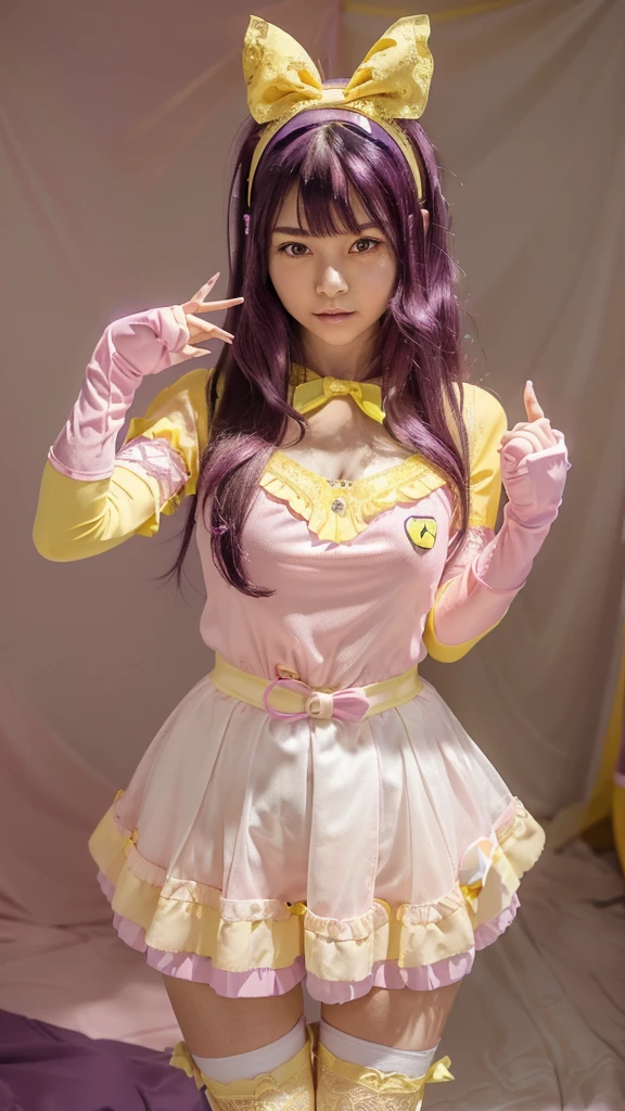 ((Ai hoshino,an anime girl with dark purple hair and light purple eyes, dressed in a striking pink and yellow outfit. She wears pink gloves, a pink bow in her hair and a headband with a yellow rabbit. Her shirt is pink with a yellow star on each side and a red heart on the chest.. She wears a black belt under a pink skirt that has multiple layers of lace with a yellow trim.. She is wearing pink stockings and high-heeled boots.. The girl is making a funny gesture with her hands, touching your head with your index and middle fingers, with a funny expression and tongue out. the background is white.))