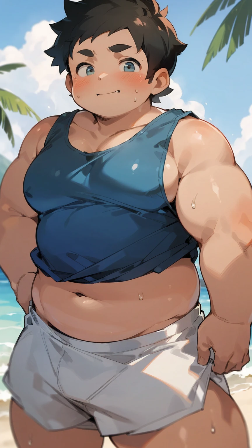 ((androgynous)), beautiful, (very short hair), (pudgy face), (thick),(ikemen), ((boyish)), (handsome), (chubby), belly, muscular, (beefy), (mischievous boy), (cool), (tank top), (tan), (sweaty), (hot summer)