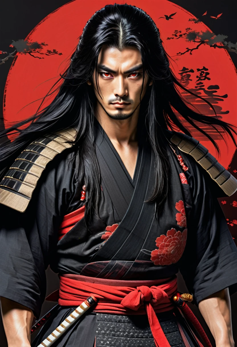 Young man, Samurai with long black hair and red eyes 