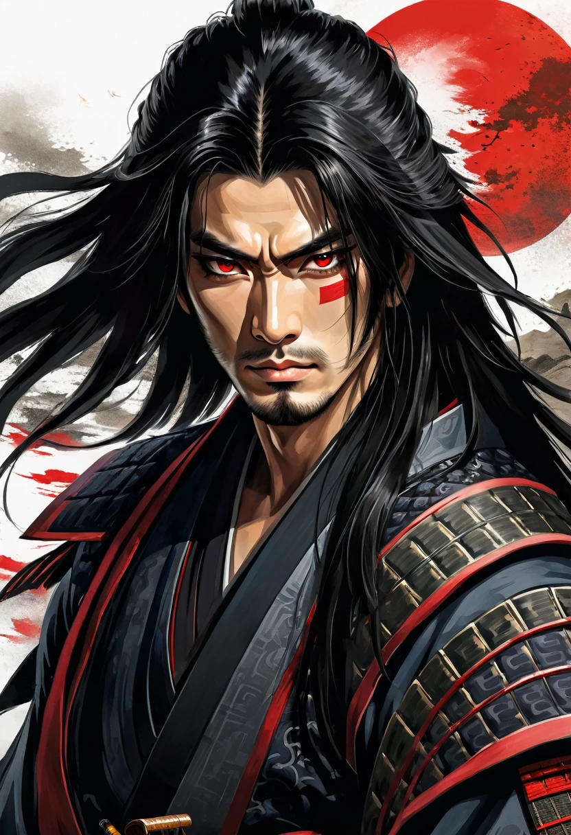 Young man, Samurai with long black hair and red eyes 