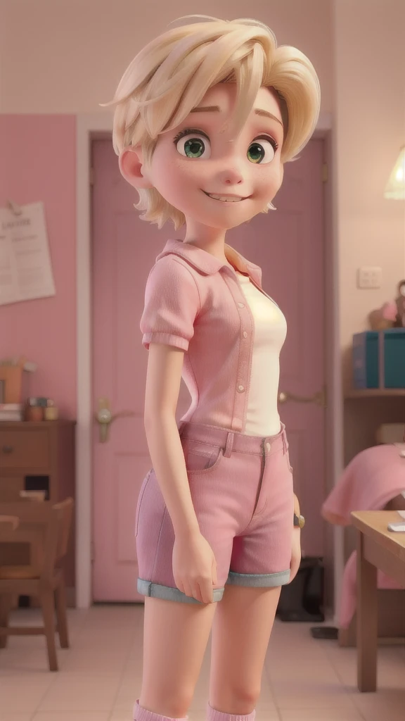 English, 10 anos de idade, pink clothes, blond short hair, realisitic, best qualityer, instagramart