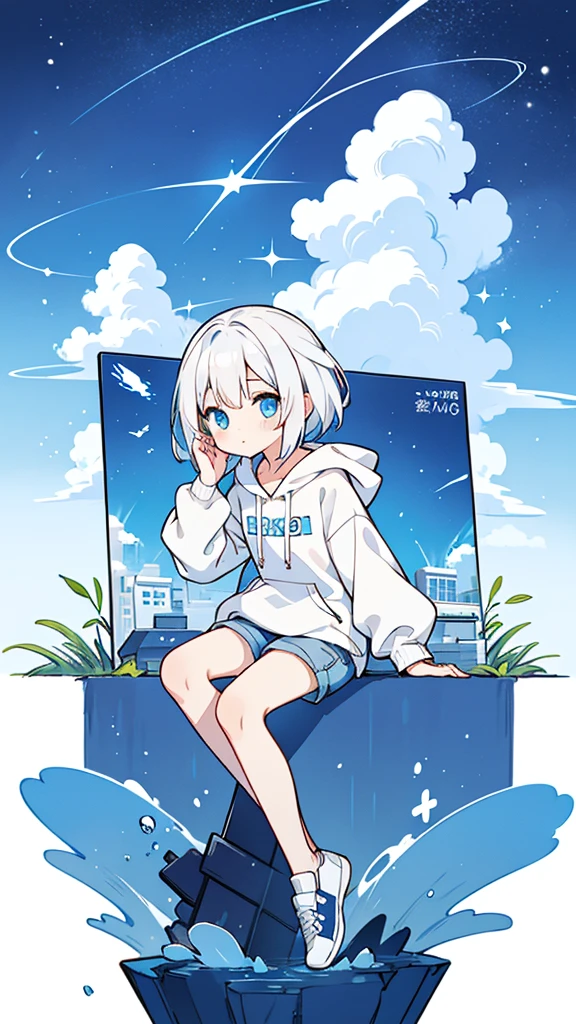 Design clothing,Seven-doppelganger shot,Anime style 4K,High quality anime art style,Standing painting,Splash ink background,Blue Themes、Pure white background,Buildings,Face close-up,Buildings,Moon and sun、Shining Star々,milky way,Bright Sky,Looking at me,Facing forward,Clear eyes and nose,cute,beautiful,Thin legs,sitting by the water, White hair, Blue eyes, girl, bob, front, whole body,White hoodie, Gray shorts,White and blue shoes,(((Anime style))),cute,Blue Background