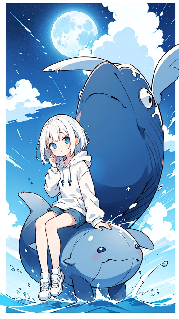 Design clothing,Seven-doppelganger shot,Anime style 4K,High quality anime art style,Standing painting,Splash ink background,Blue Themes、Pure white background,Buildings,Face close-up,Buildings,Moon and sun、Shining Star々,milky way,Bright Sky,Looking at me,Facing forward,Clear eyes and nose,cute,beautiful,Thin legs,sitting by the water, White hair, Blue eyes, girl, bob, front, whole body,White hoodie, Gray shorts,White and blue shoes,(((Anime style))),cute,Blue Background,Shortcuts,whale