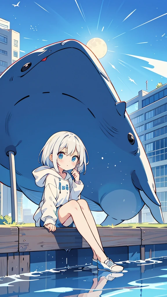 Design clothing，Seven-doppelganger shot，Anime style 4K,High quality anime art style，Standing painting，Splash ink background，Blue Themes、Pure white background,Buildings,Face close-up,Buildings,Moon and sun、Shining Star々,milky way,Bright Sky,Looking at me,Facing forward,Clear eyes and nose,cute,beautiful,Thin legs,sitting by the water, White hair, Blue eyes, girl, bob, front, whole body,White hoodie, Gray shorts,White and blue shoes,(((Anime style))),cute,Blue Background,Shortcuts,whale