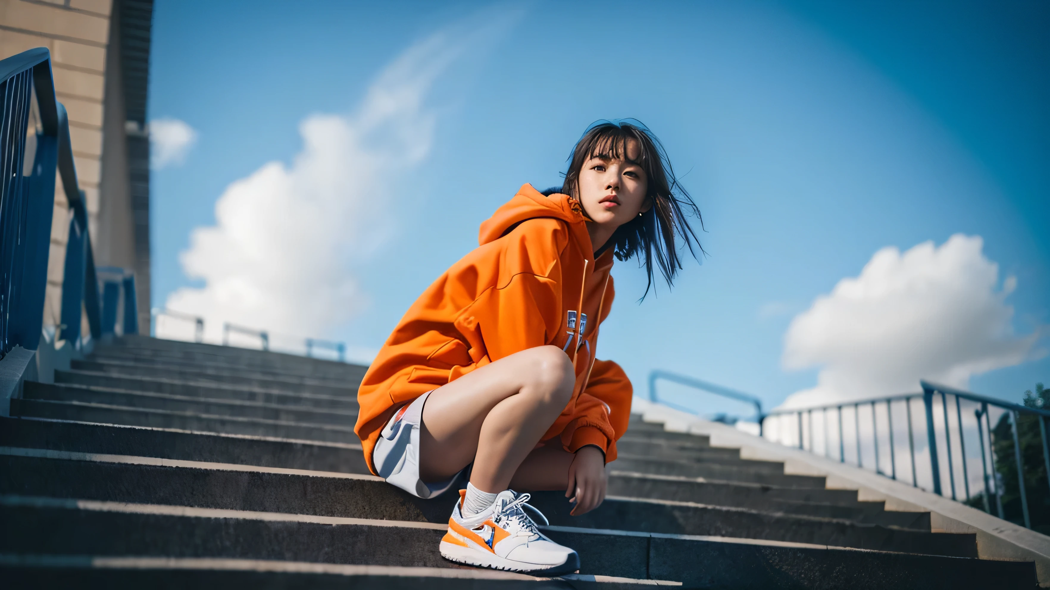 1 girl,blue sky,blurred background,architecture,City,cloud,cloudy sky,sky,depth of field,hood,hooded Jacket,hoodie,Jacket,Side,Orange Hoodie,look up,Shoe close to the camera,from below,whole body,lips,long sleeve,looking at the audience,motion blur,outdoor,parted lips,railing,shoe,shorts,sitting,sky,Sports shoes,alone,stairs