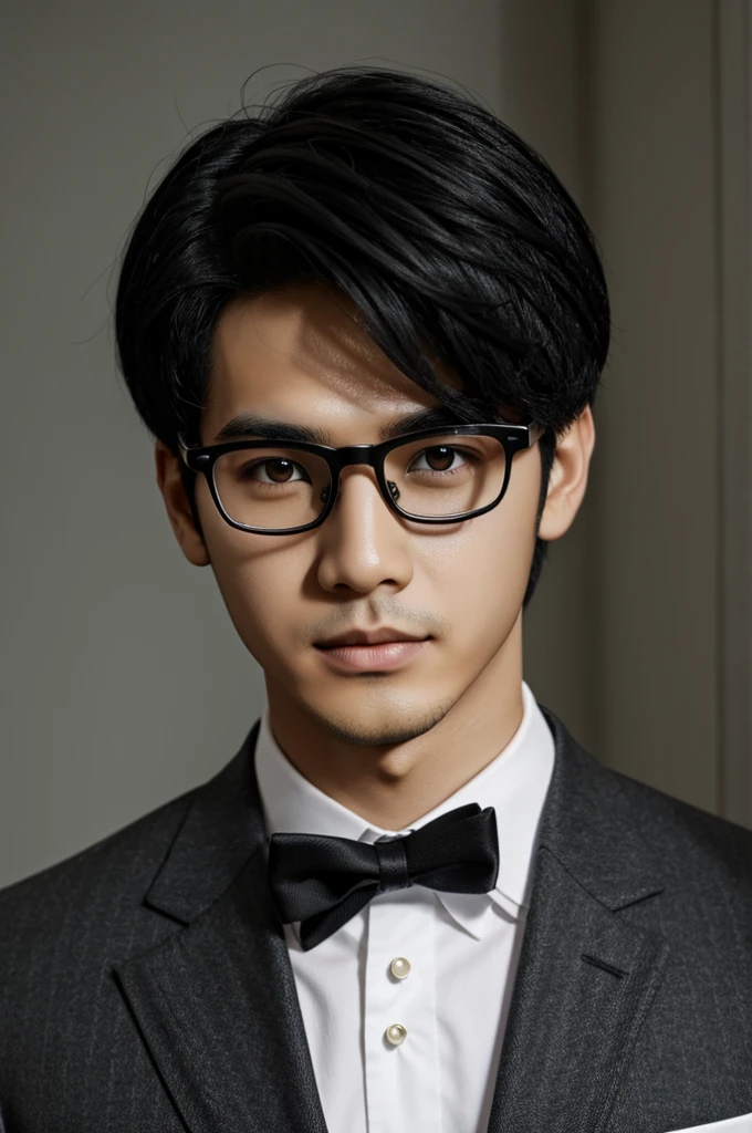 Boy black hair sharp eyes with glasses