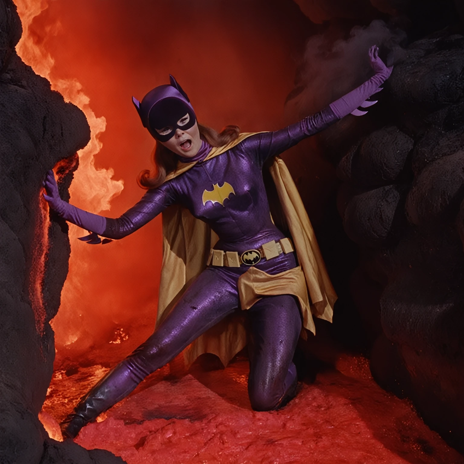 yvonne craig woman, sinking in a lava pit. She screams with her eyes wide open, she looks for help, extent her arm trying to grab something to escape, but half of her body is already burning in the red glowing lava, smoke everywhere, she is in pain, , 60's style, analog film, film grain