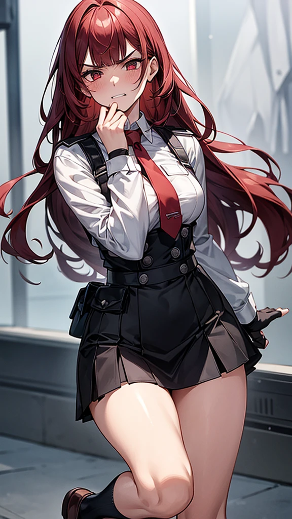 {{masterpiece}}, {{{Highest quality}}},{{Very detailed}}, {{figure}},{{tall}},{{Adult female}},,{{Fighting stance}},{},{{Long sleeve mini skirt uniform}},{on one knee{}},}}{}},{fighting stance}},{},{}, ,{{}},{{Eyelet foot}},,{{blushing with anger}},{{v-shaped eyebrows}},,{{}},{{}},,Slender body}}{{Avoidance}}{{Female police officer}},,,,suspenders ,Long sleeve mini skirt uniform, White High Socks,Black fingerless gloves, Long Red Hair, Red tie,Straight hair ,Blunt bangs,Thigh holster,.amountn loafer,,blush,Wrinkles ,amount,Grit your teeth,suffering,v-shaped eyebrows.,Sweat dripping,Medium chest ,get annoyed,,Slums,,Twisting,