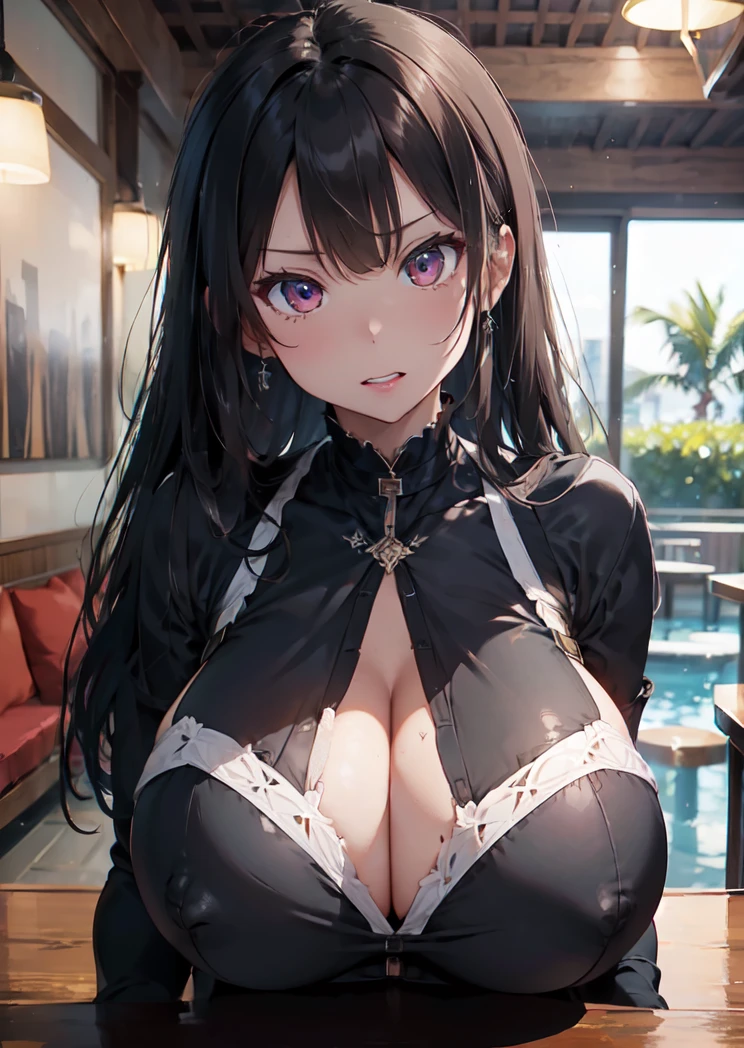 masterpiece、Super detailed、Highest quality、8K Illustration、(Sexy Outfits:1.5)、(Huge Tits:1.5)、Sexy lips、Angry and embarrassed expression、Resort hotels
