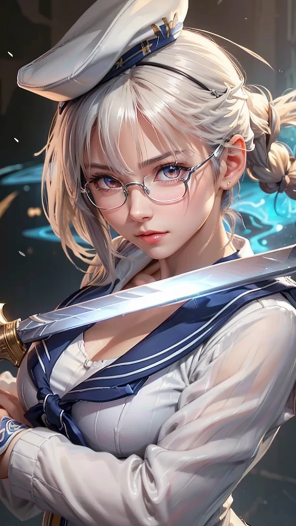 a close up of a woman with a sword and a white sailor hat, a character portrait inspired by Li Shida, pixiv contest winner, extremely detailed artgerm, artgerm. high detail, using eye glasses, white sailor suit with blue collar, transparent bra