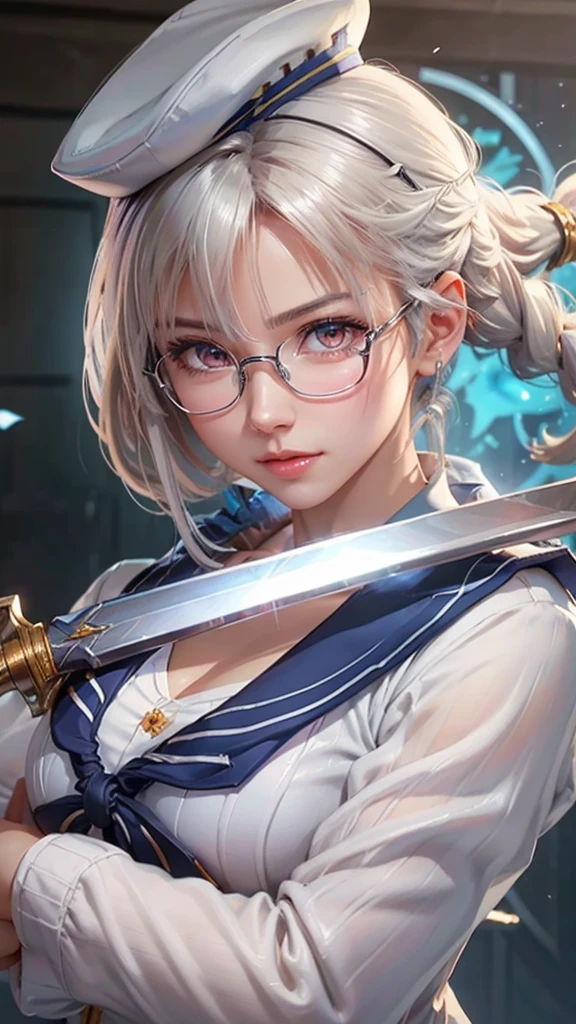 a close up of a woman with a sword and a white sailor hat, a character portrait inspired by Li Shida, pixiv contest winner, extremely detailed artgerm, artgerm. high detail, using eye glasses, white sailor suit with blue collar, transparent bra