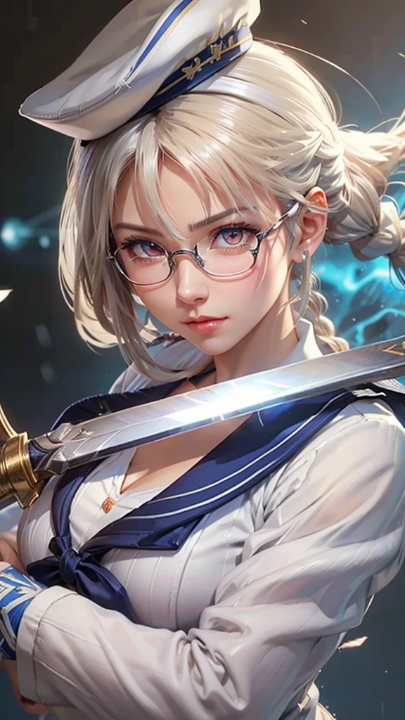 a close up of a woman with a sword and a white sailor hat, a character portrait inspired by Li Shida, pixiv contest winner, extremely detailed artgerm, artgerm. high detail, using eye glasses, white sailor suit with blue collar, transparent bra