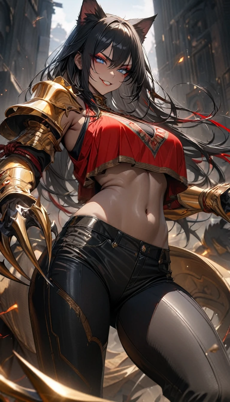 Adult woman, long black hair with red strands, blue eyes, red eyeshadow, red lipstick, black and red Indian top, open breasts, golden armor sleeves, open belly, golden elements, black tight ripped pants, cat ears, ebony skin, smirk, claws, Masterpiece, best quality, Full HD, 8k, ultra details, great graphic