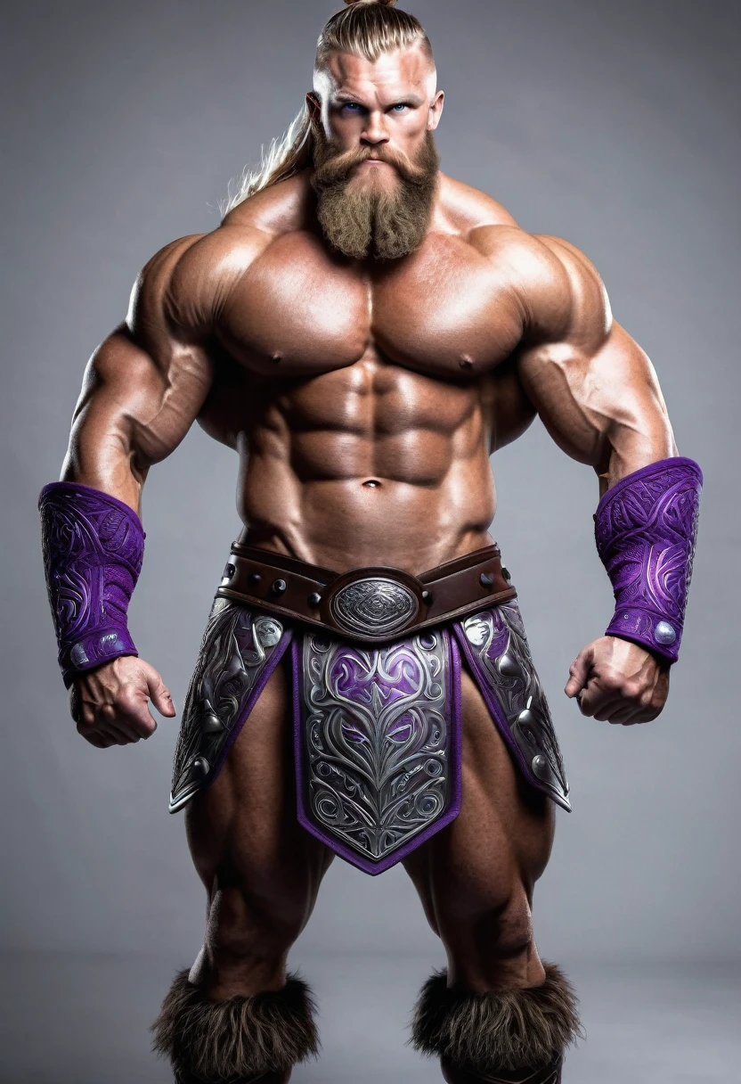  super realistic bodybuilder with viking face and violet eyes full body image 