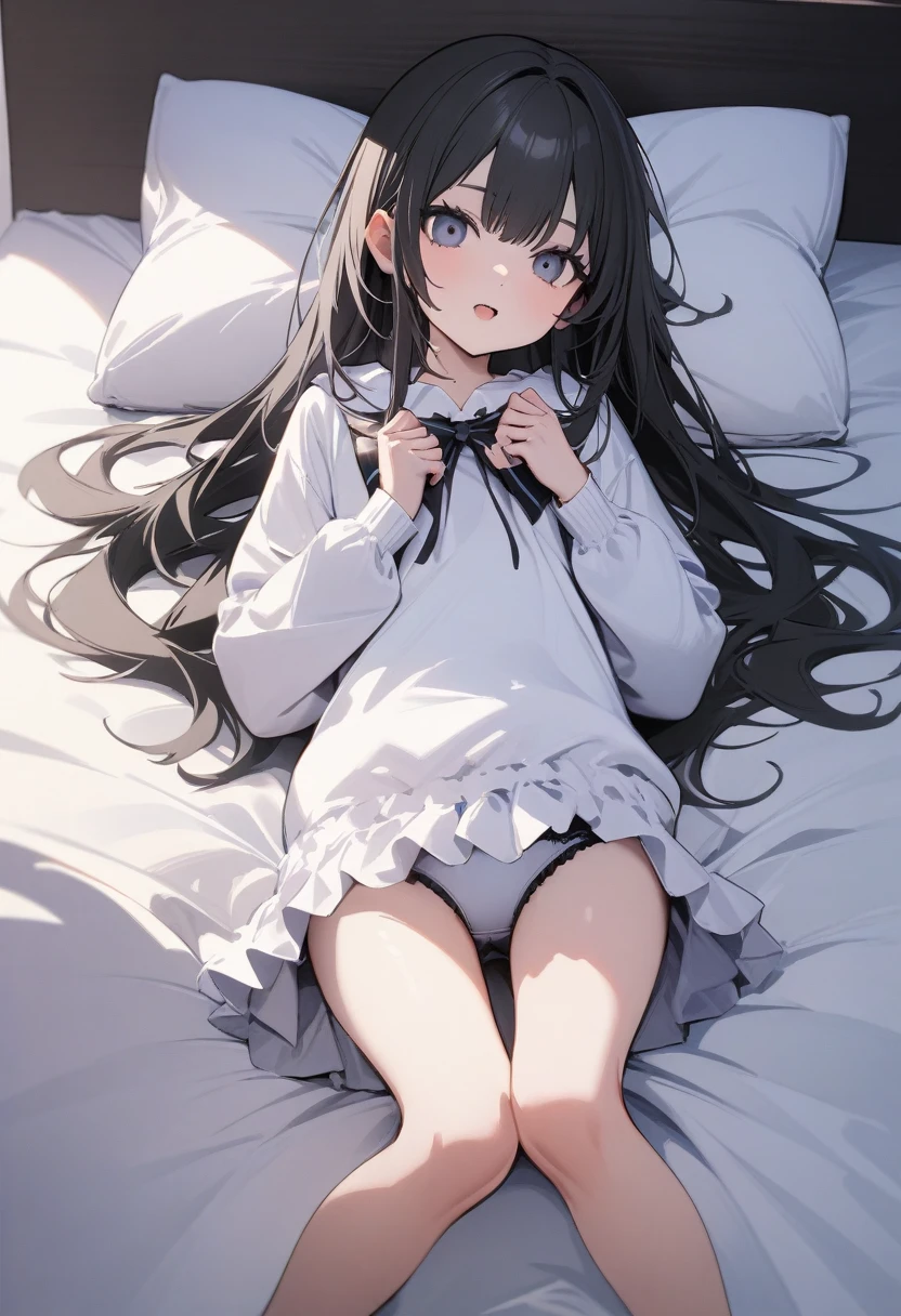 high quality, 最high quality、 Stylish design, (((The cutest girl))), ((Thin legs))、(((最high quality))), High resolution, ((detailed)), ((masterpiece)), ((Super detailed)), 、Black Hair、Inner Color、((Lying on your back in bed),underwear),((Sexual))
