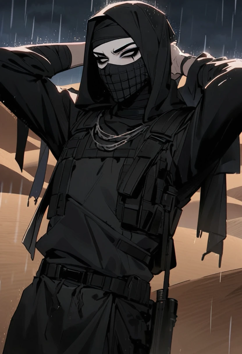 Male arab modern terrorist, terrorist, black balaclava, black bandage, black clothes, thin waist, femboy, light skin, makeup, black eyeliner, big eyelashes, black eyeshadow, choker, desert, night, rain, holds his hands behind his head