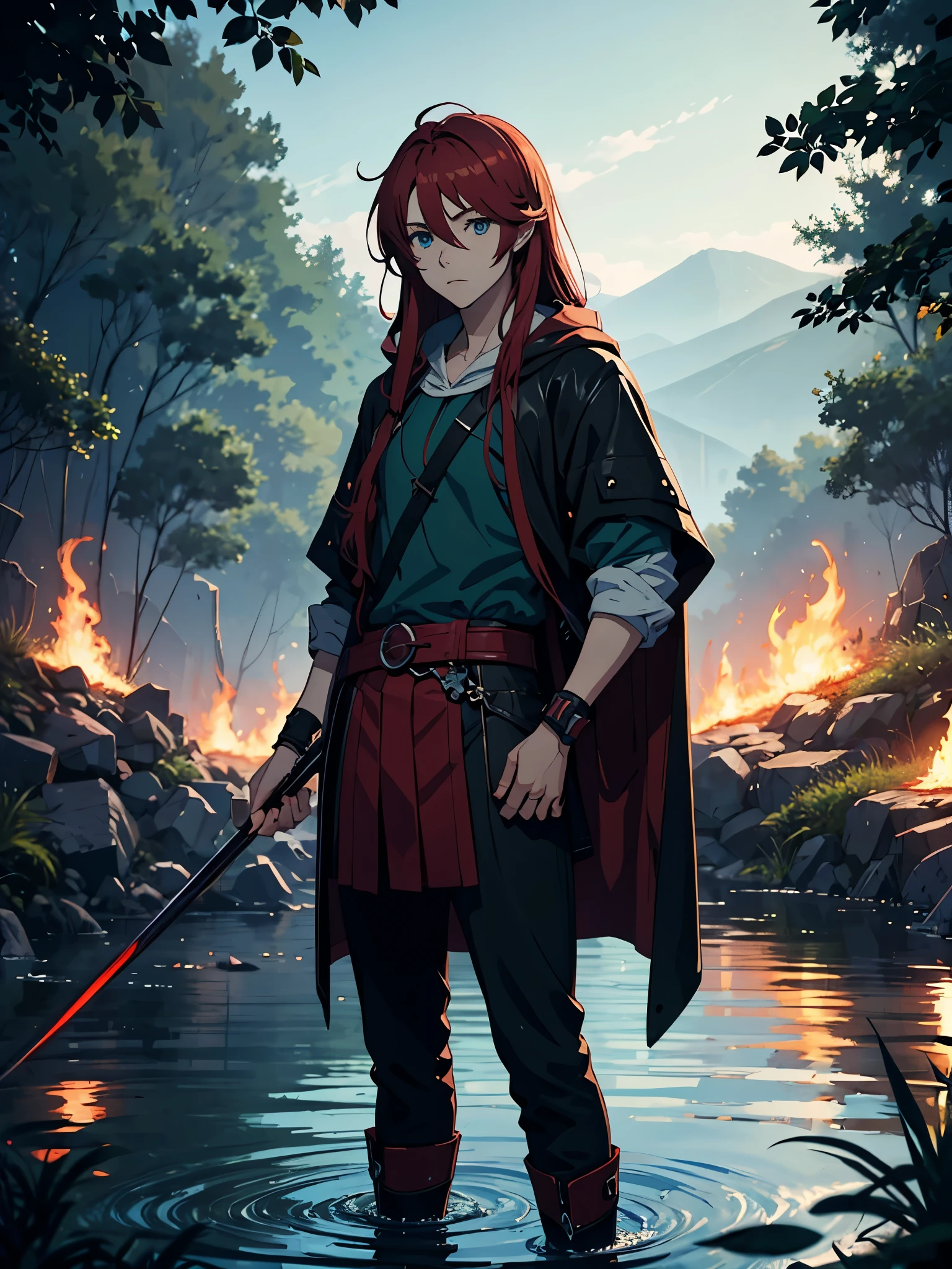 Runesmagie. Runes magie. Runes. 火. green clothes. More anime style. blue flames. 2d. flatter. anime style. Viking clothing. soft. More anime. Standing in a lake. More anime. More 2d. Clean. More anime. 2d. Glow. Red hair. More anime. male. Long hair. long red hair. boy, vikings. red hair. Blue eyes. fire.