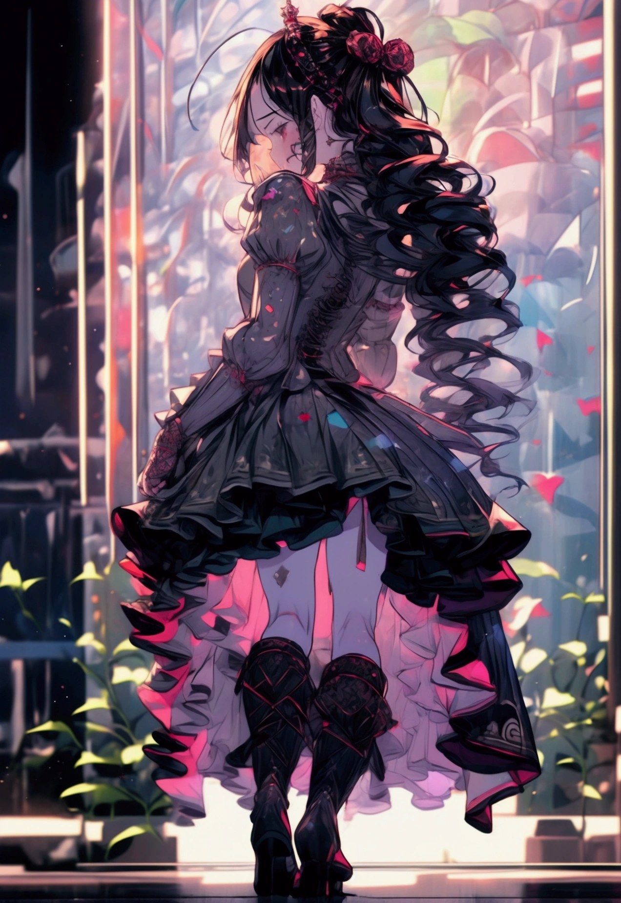 nsfw, masterpiece, best quality, ultra detailed, 15 years old, a girl, swordsman, long sword in hand, covered in wounds, {bloodstained}, {bandages}, gothic Lolita fashion , twin-tailed green and black hair, {tattered clothes}, medieval European battlefield, running, in battle, sprint, with a castle, surrounded by stars and a meteor shower, at night ,afterimage, full body, symmetrical structure of top and bottom