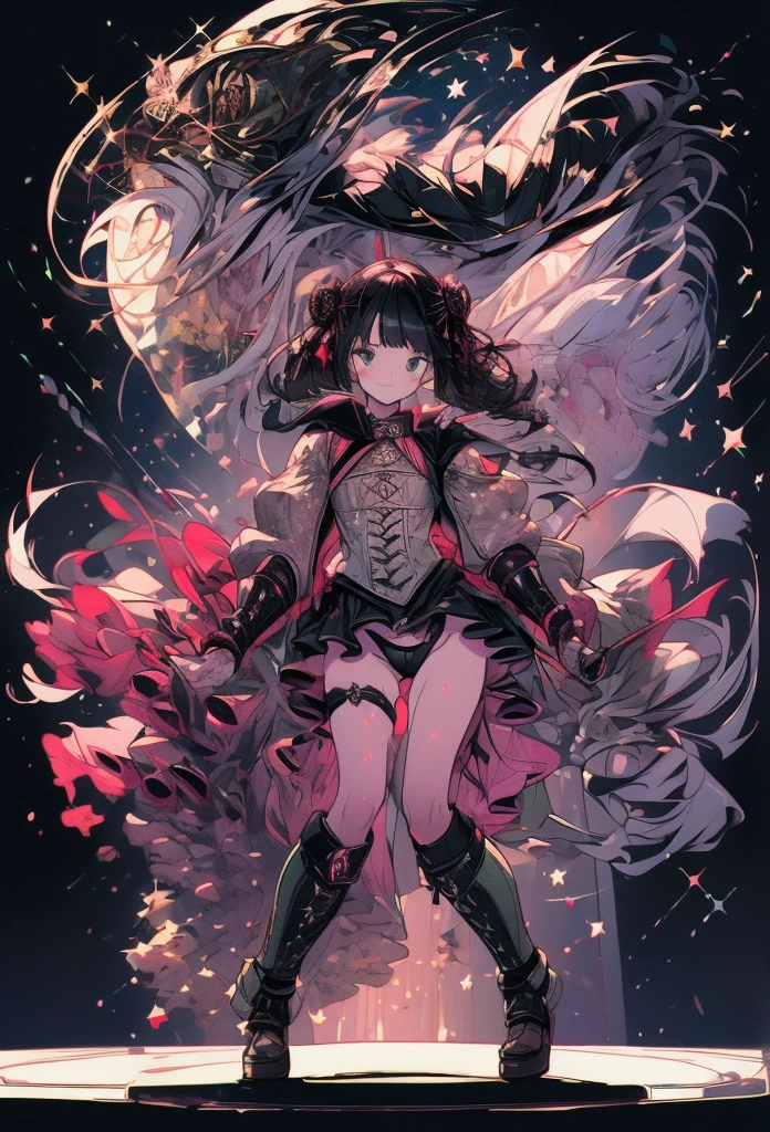 nsfw, masterpiece, best quality, ultra detailed, 15 years old, a girl, swordsman, long sword in hand, covered in wounds, {bloodstained}, {bandages}, gothic Lolita fashion , twin-tailed green and black hair, {tattered clothes}, medieval European battlefield, running, in battle, sprint, with a castle, surrounded by stars and a meteor shower, at night ,afterimage, full body, symmetrical structure of top and bottom
