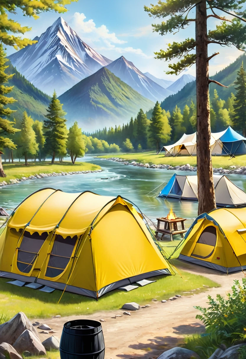 tents are set up on the shore of a river with mountains in the background, glamping, tent architecture, camping, campsites, interior of a tent, camp, barrel fires and tents, tent camp in foreground, adventuring gear, summer setting, next to a river, detailed scenery —width 672, tent, canvas, yellow awning