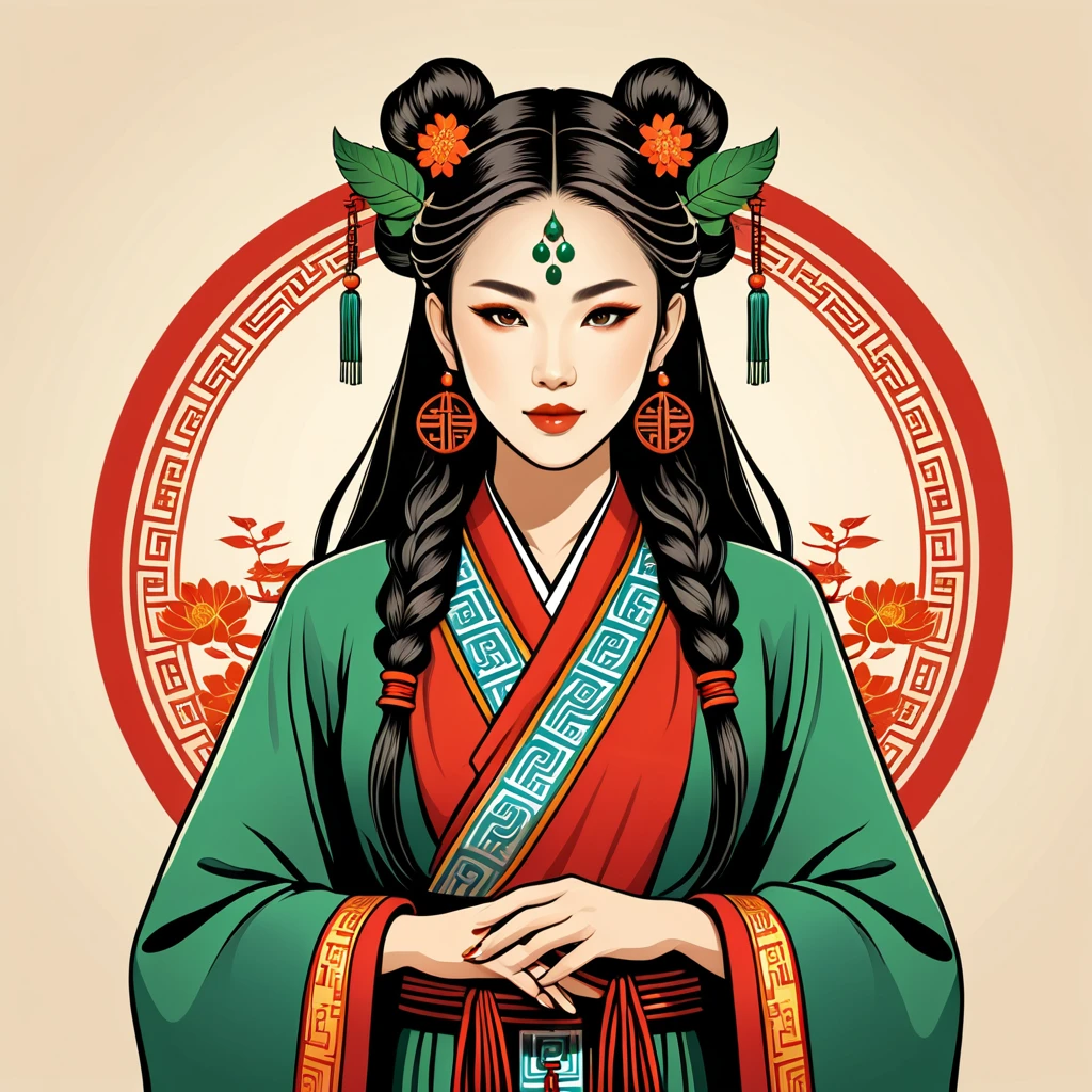 female druid in chinese folk outfit, vector graphics, strong contours, logo design
