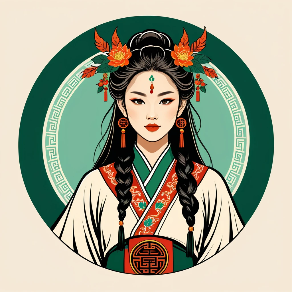 female druid in chinese folk outfit, vector graphics, strong contours, logo design
