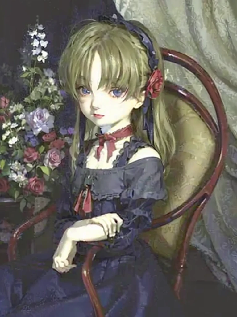 ((Masterpiece)), (Anime: le potrait  cossette), ((best quality)), (RAW photo: 1.2), (Professional Photography:1.2), 8K, from side, wide shot, (), ((1girl)), Textured skin, cinematic lighting, 1girl, ((Beautiful Gothic Lolita)), cute innocent young girl, ((hair over one eye)), Slender and small breasts, (long silky blond hair), (gothic lolita makeup), beautiful hair, sad smile, delicate eyes, slender figure, caring and charming beauty, (blush), Light particles, ((Lift the skirt with hand)), in beautiful Fantastic garden, (red roses garden),,