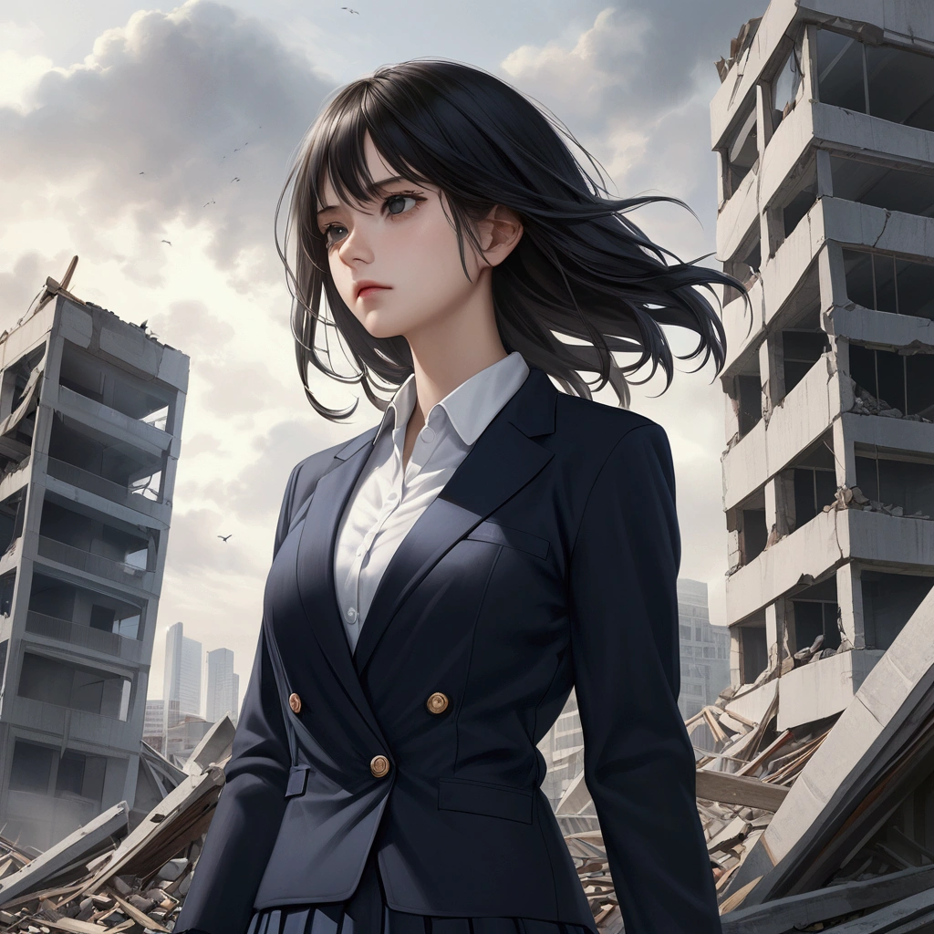cute woman, bigger than a building,destroy the building , No expression, 7:3 parting, semi-long, black hair, black eyes, Navy suit, white shirt, navy wrap skirt,cloudy sky , realistic ,i