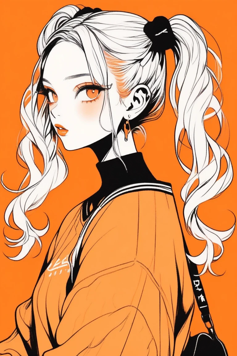 (best quality, sketch:1.2),realistic,illustrator,anime,1 girl, detailed lips,sweater,custom,orange gradient background, neon hair, pigtails, textured cropping, masterpiece, style retro classic, noir dark 