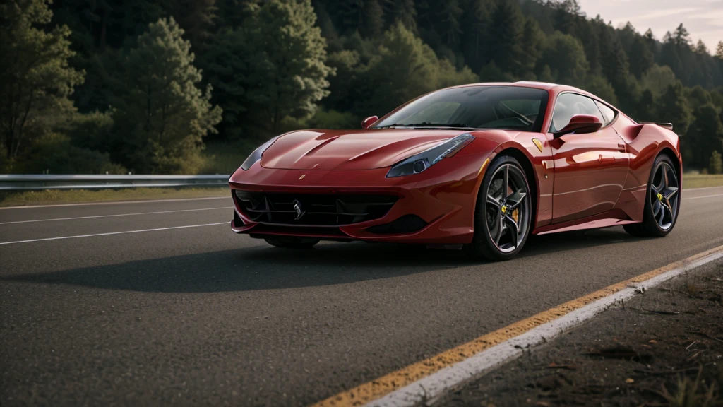 sharp red sports car driving down a road with trees in the background, vehicle photography, auto photography, car photography, cinematic front shot, ferrari, hq wallpaper 4k, ferrari 458, f12, 正面, automatic photography, wall-paper, Filme 35840k, riding a prancing horse, front profile shot
