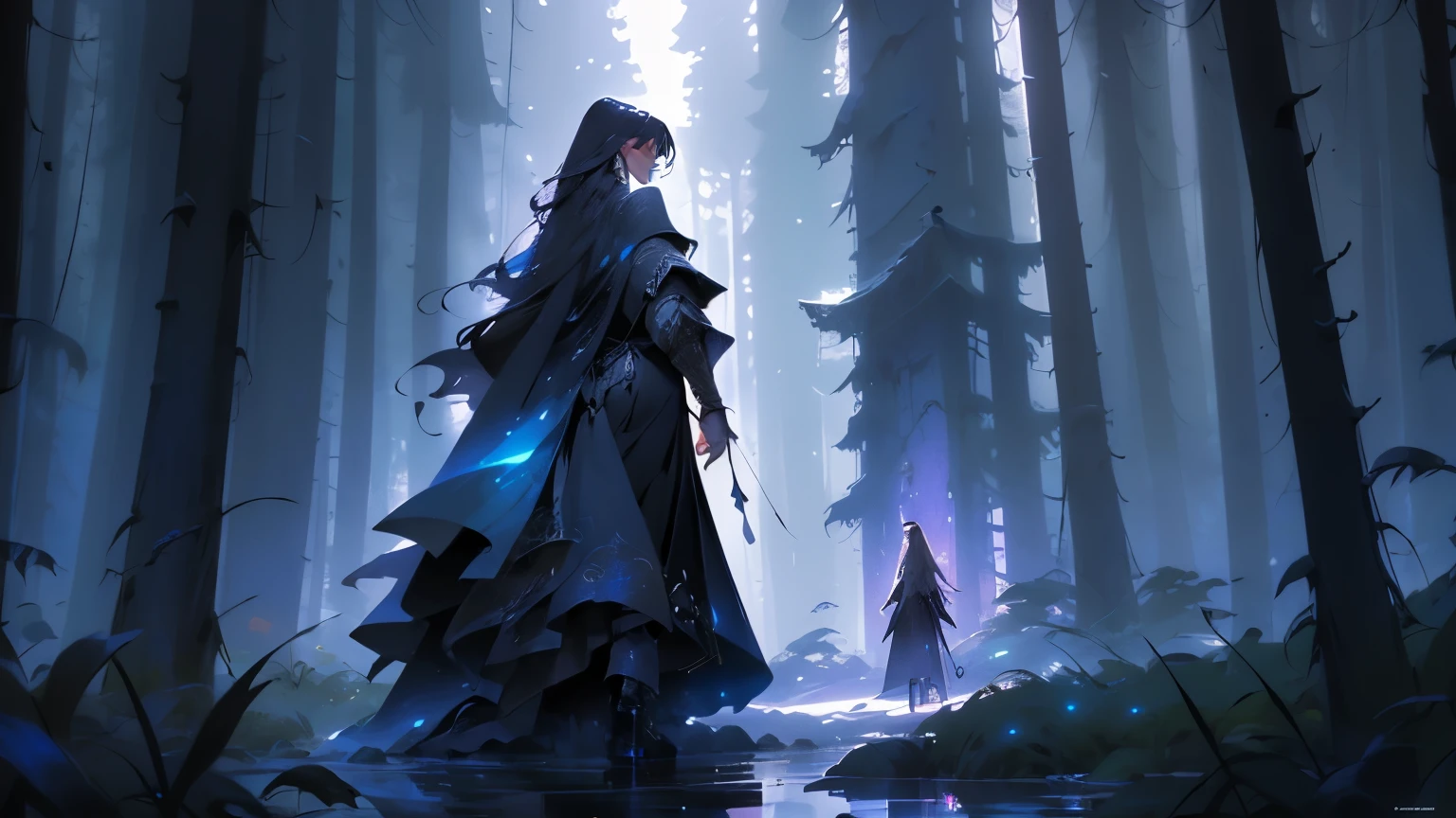 masterpiece, Best Quality, official art, 8K Wallpaper, Very detailed, illustration, magic, magician with long black tunic turning her back looking at the horizon, in a dark forest, remove folds from the dress, a single character 
