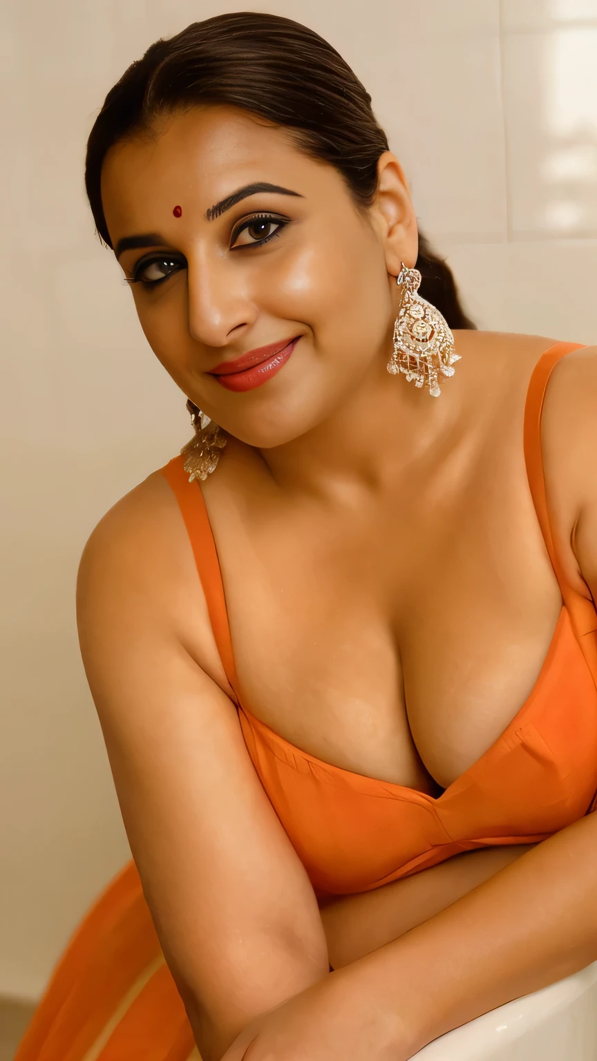 selfie, close up photo of 30 years old vidya balan, hourglass figure, swooping breasts, deep cleavage, curvy, armpits, seductive eyes, look at viewer lusciously, subtle smile, lying on bathtub, orange strapless long dress, necklace, red lips, sultry, ponytail, 4K, HD