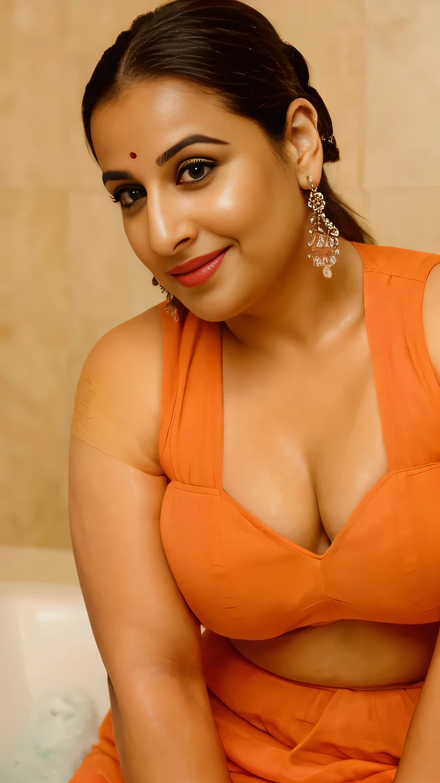 selfie, close up photo of 30 years old vidya balan, hourglass figure, swooping breasts, deep cleavage, curvy, armpits, seductive eyes, look at viewer lusciously, subtle smile, lying on bathtub, orange strapless long dress, necklace, red lips, sultry, ponytail, 4K, HD