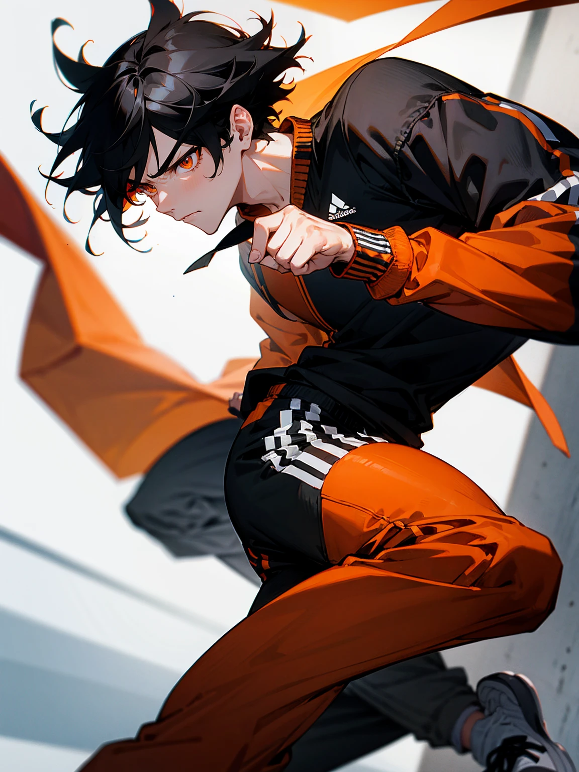 1male, black hair, straight hair, medium hair, orange eyes, black adidas track suit, dojo, Serious