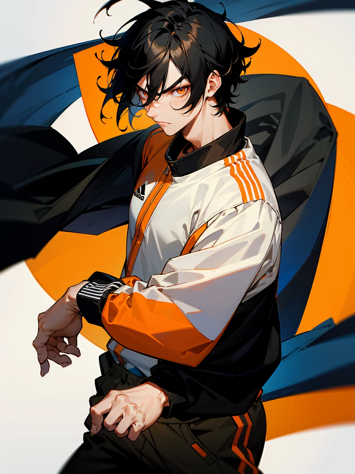 1male, black hair, straight hair, medium hair, orange eyes, black adidas track suit, dojo, Serious