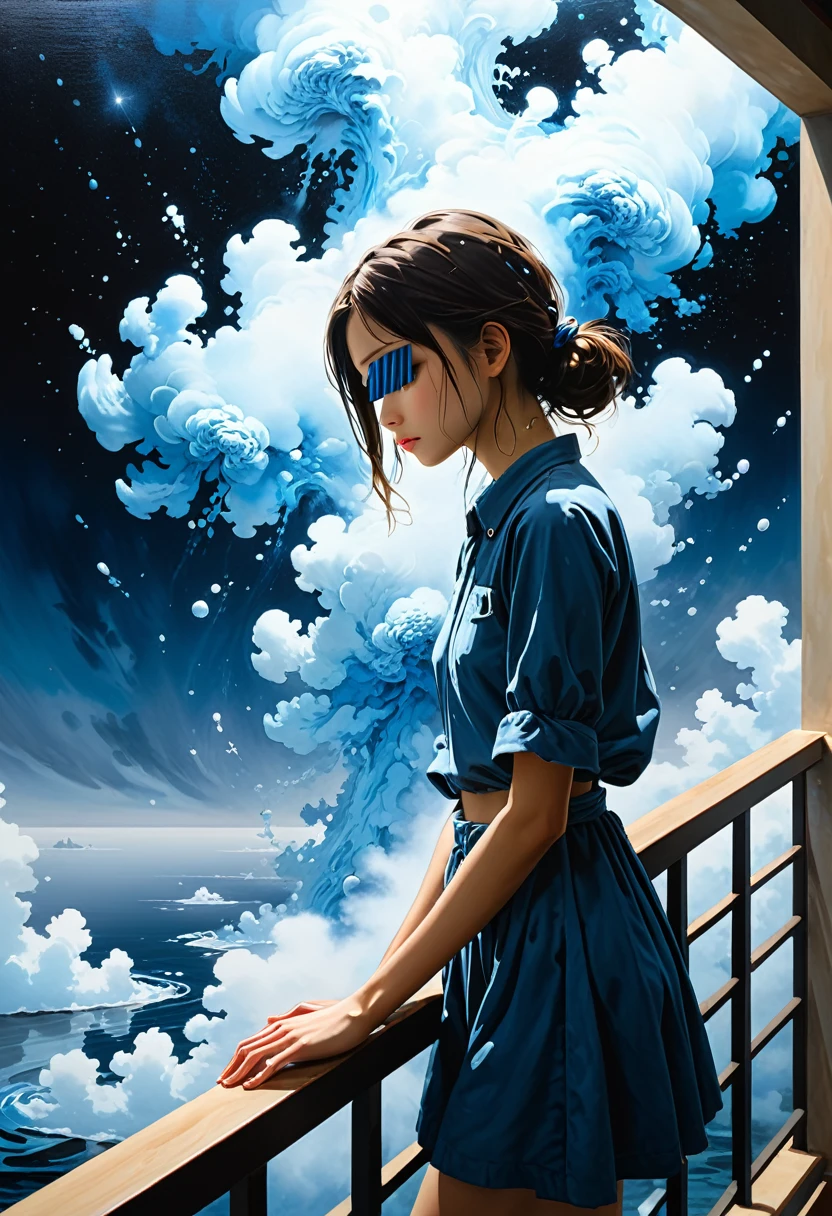 realism, waldo, ultrarealistic, situation, single, mysterious, waters, greg rutkowski, girl, depth, chill, balcony, hands, behind, vincent di fate, logoed, sorrow, exhaust, yoshiyuki, pattern, background, glows, gallant, style, sky, drifting, clues, depiction, focus, streams, temporal-spatial, crystalline, yoji shinkawa, transformed, blue, nebula