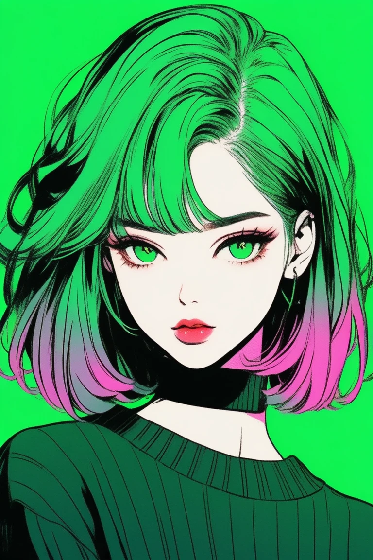 (best quality, sketch:1.2),realistic,illustrator,anime,1 girl, detailed lips, sweater, custom, green gradient background, neon hair, short straight hair, textured cropping, masterpiece, style retro classic, noir dark 