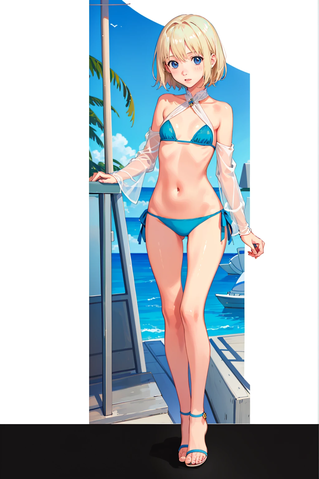 (superflat, flat shading, flat colors:1.1), (seaside), 1girl, tomboy, little, 10yo, slim, flat chest, (tanned skin:0.6), short blonde hair, blue eyes, (striped panties), striped bra, straw hat, from behind, bottom, lean forward, bending back, look back, holding ice cream, smile, wind, blue sky, bright sunlight, best shadows, watercolor,