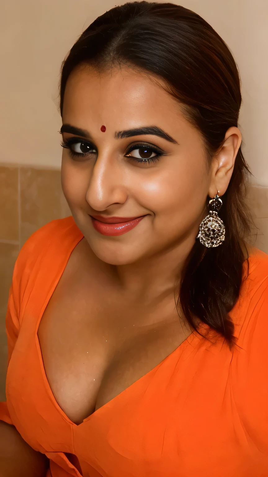 selfie, close up photo of 30 years old vidya balan, hourglass figure, swooping breasts, deep cleavage, curvy, armpits, seductive eyes, look at viewer lusciously, subtle smile, lying on bathtub, orange strapless long dress, necklace, red lips, sultry, ponytail, 4K, HD