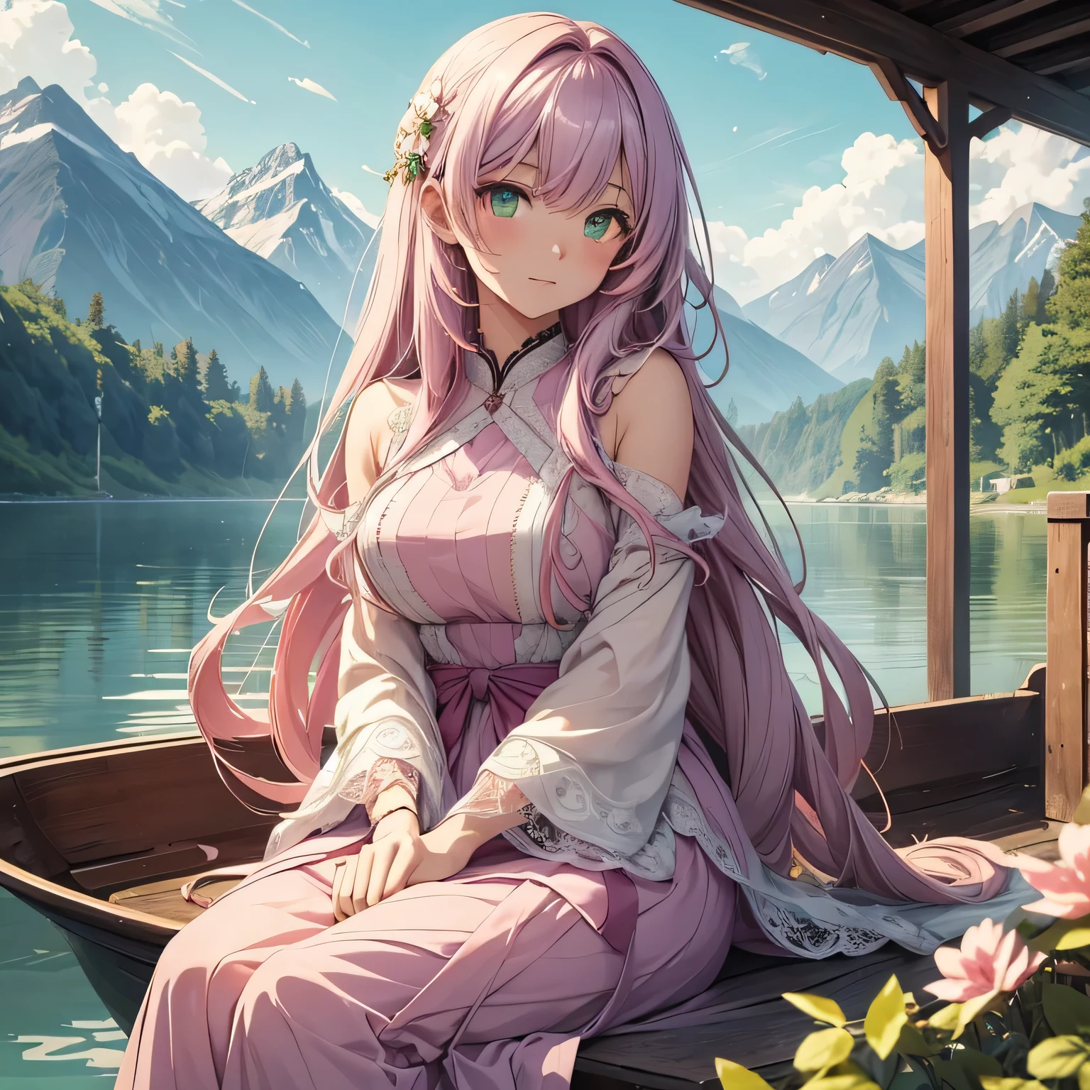 An 18-year-old anime girl with large jade green eyes and a curious gaze is gently seated in a wooden boat drifting on a tranquil lake. Her long, waist-length pink hair flows softly in the breeze. She is dressed in a beautiful, flowing pastel purple dress adorned with intricate and delicate lace details, which gracefully billows around her. The lake is nestled between majestic, lush green mountains, their peaks reflecting in the calm waters. The girl serene expression and elegant pose capture the serene beauty of the natural surroundings, creating a peaceful and enchanting scene.