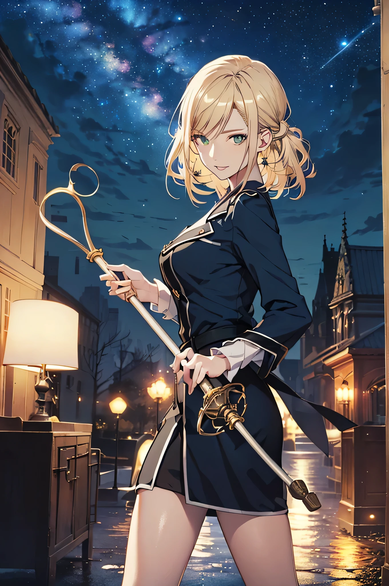 (Official art、Best Quality、Unity 8k Wallpapers、32K、masterpiece、ultra-detailliert、超A high resolution、realisitic、Photorealsitic:1.2)、(Cinematic lighting:1.2)、Fireglow effect、film grains、Best Shadows、Rim lighting、side lights、sideshot、(Ultra-detailed and complex 3D rendering)、Detailed beautiful face and eyes、Sharp pupils、Realistic pupils、A slender、1Man Woman、Medium bust、(Full body:1.2)、 Highly detailed background、beauitful face、-yeld beiful girl、(super detailed skin、detailed skin textures:1.3)、(Half Blonde、Colorful hair:1.3)、Blunt bangs、green colored eyeagical girl costume、white shirt、Costumes with frills、frills skirt、knee sox、(thighs thighs thighs thighs:0.8)、Black boots、(Fantastic and beautiful night sky、cathedral:1.4)、(carrying a magical staff:1.3)、(from side:1.3)、Fantastical、evil smile、I opened my mouth a little.