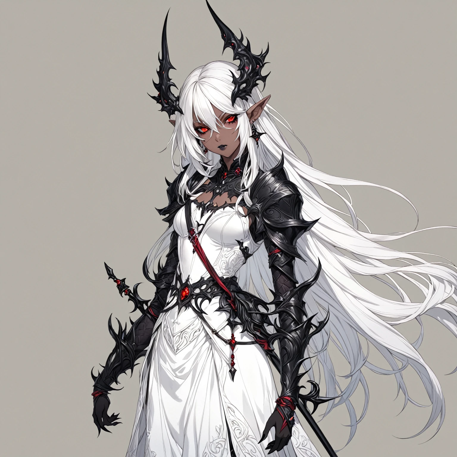 masterpiece, best quality, good quality, Fantasy Aesthetic, Highly detailed, shadowverse style, female, black hair, dark skin, drow, black sclera, pointy ear, long hair, demonic, red eye