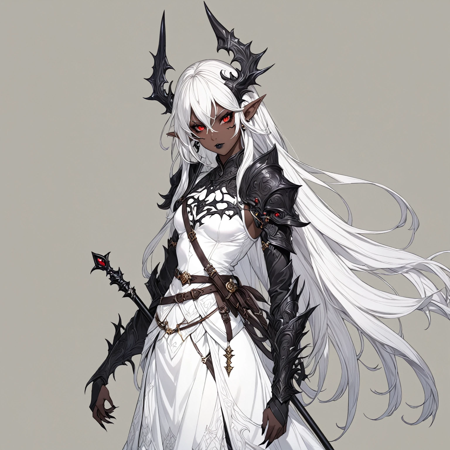 masterpiece, best quality, good quality, Fantasy Aesthetic, Highly detailed, shadowverse style, female, black hair, dark skin, drow, black sclera, pointy ear, long hair, demonic, red eye