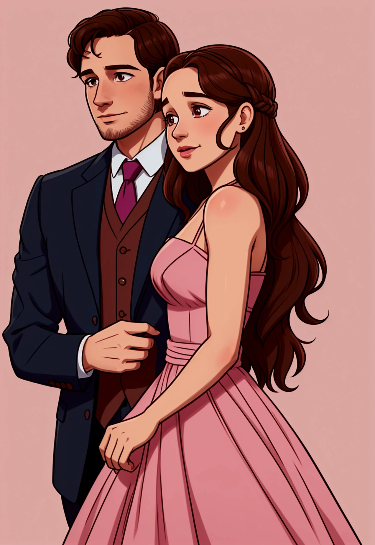 Illustration of the couple from the film Me Before You. She is 28 years old with long brown hair, and wears a pink dress. He has 30 years of stubble. He looks like Emilia Clark and he looks like Sam Clafim