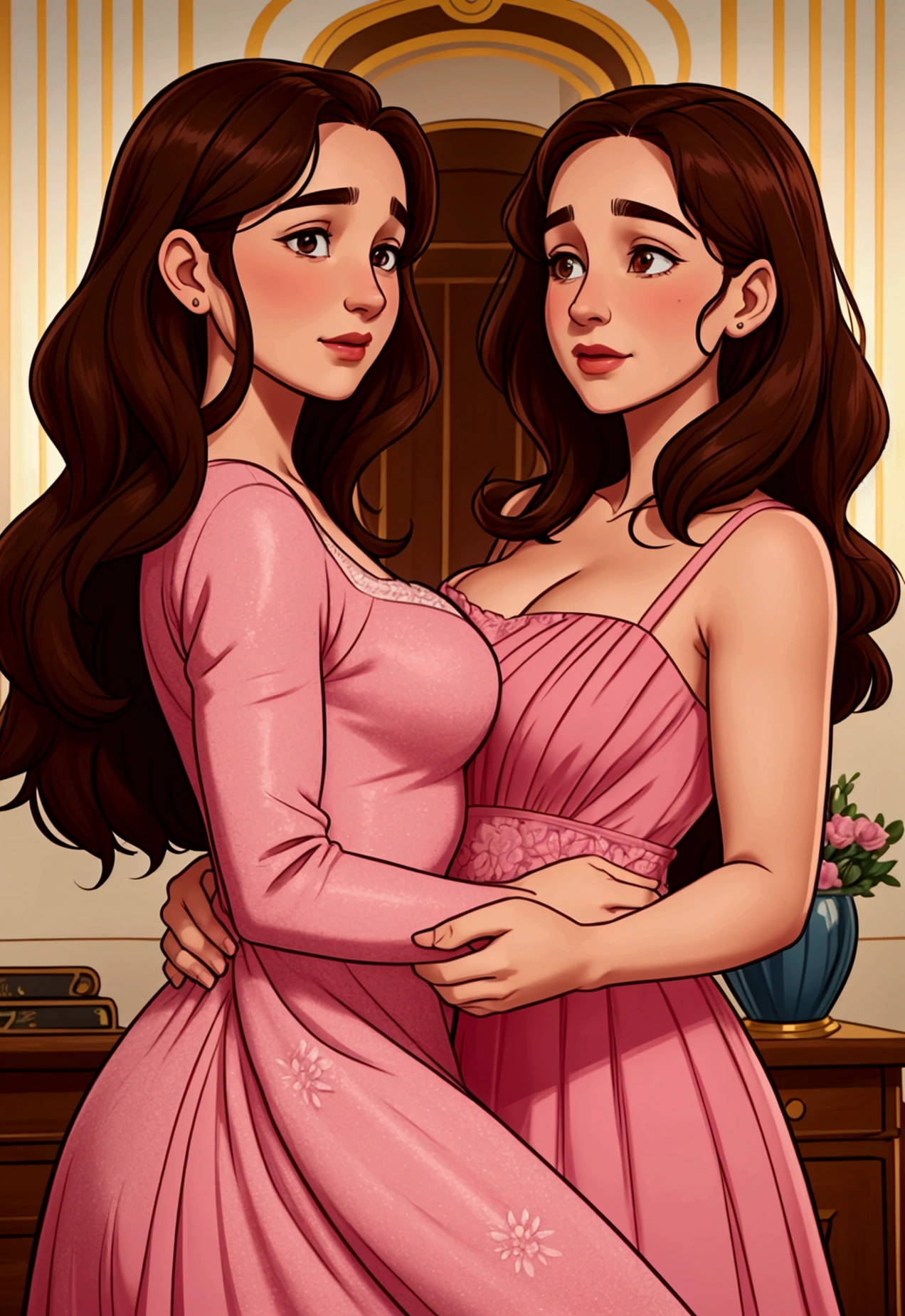 Illustration of the couple from the film Me Before You. She is 28 years old with long brown hair, and wears a pink dress. He has 30 years of stubble. He looks like Emilia Clark and he looks like Sam Clafim