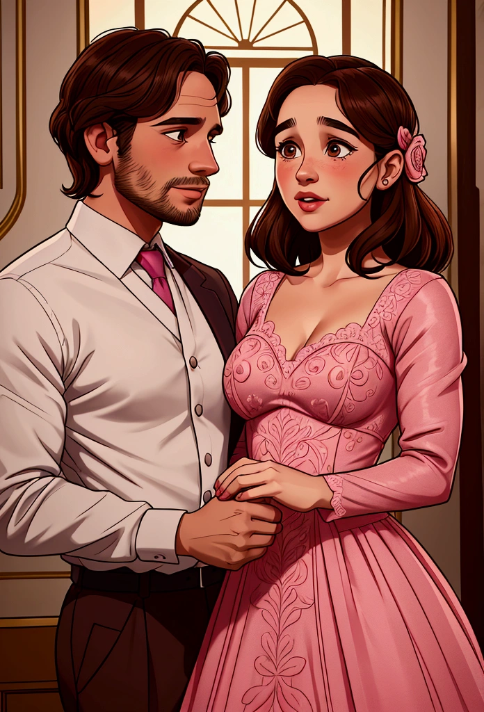 Illustration of the couple from the film Me Before You. She is 28 years old with long brown hair, and wears a pink dress. He has 30 years of stubble. He looks like Emilia Clark and he looks like Sam Clafim